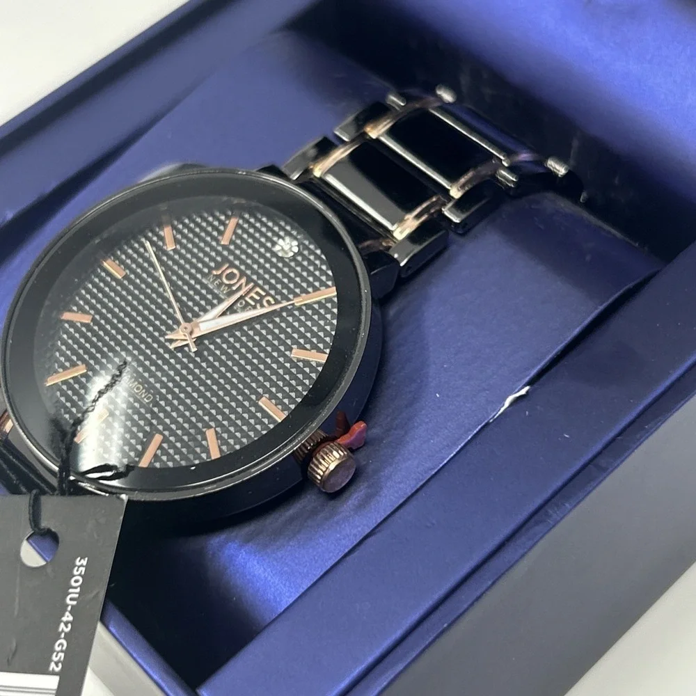 NIB Jones New York Men's Watch Black/Gold Black Face Genuine Diamond